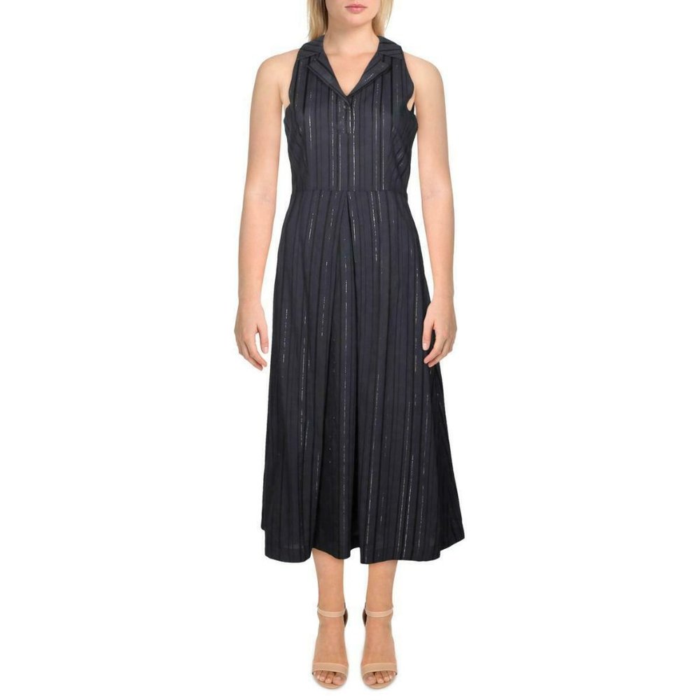 NWT Yenru Womens Truth Metallic V-Neck Shirtdress Navy Sz S #16